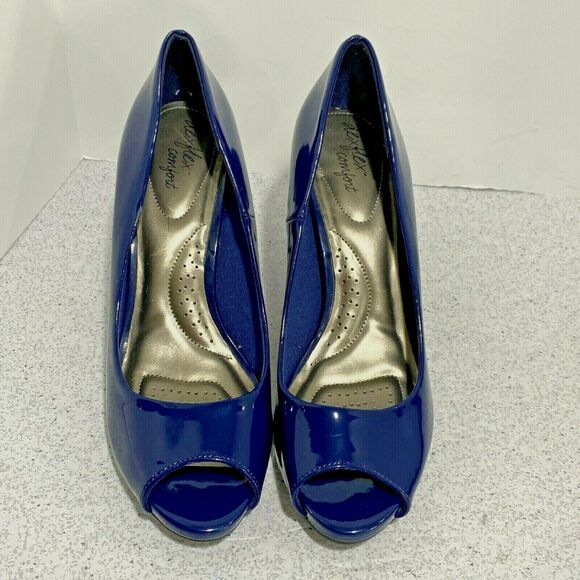 Dexflex Comfort high heel platform pumps US 9.5M blue patent open toe shoes - Picture 6 of 9